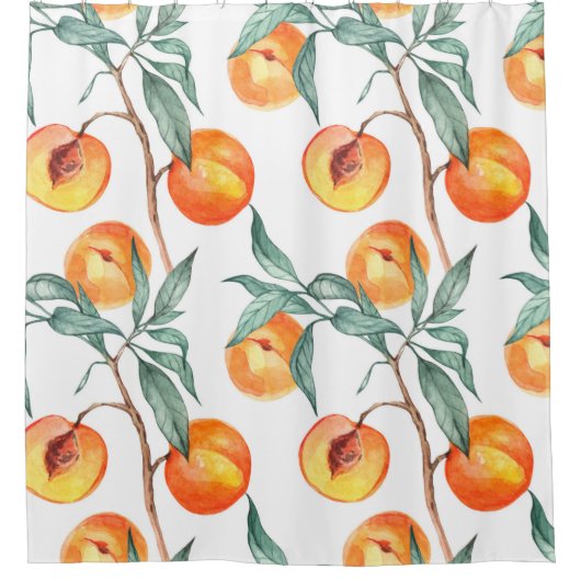 Seamless watercolor pattern with peaches on a whit シャワーカーテン (正面)