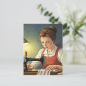Seamstress Lady Sewing On Vintage Sewing Machine  ポストカード (スタンド正面)