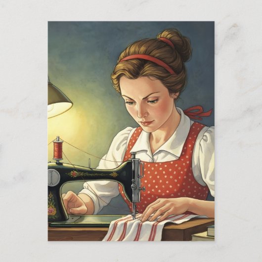 Seamstress Lady Sewing On Vintage Sewing Machine  ポストカード (正面)