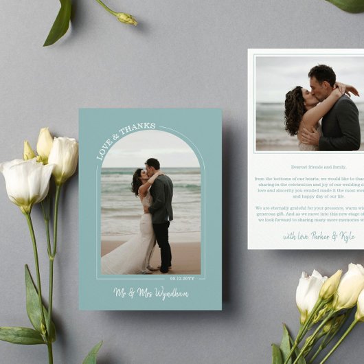Seaooam Blue Archの結婚写真の愛感謝していと サンキューカード