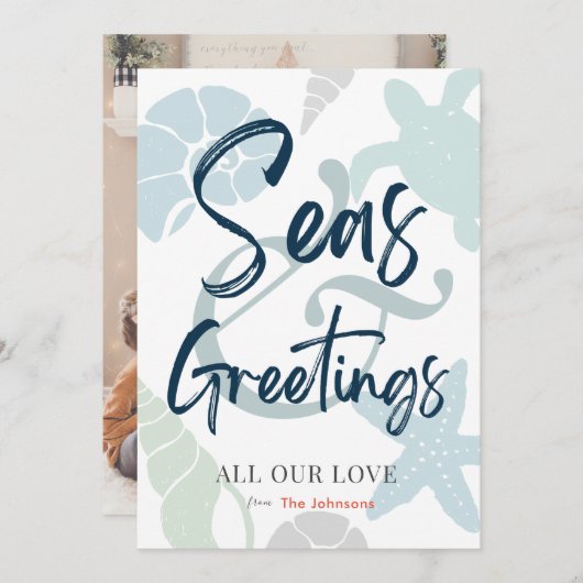 Seas and Greetings Seashell Holiday Photo Card 招待状 (正面/裏面)
