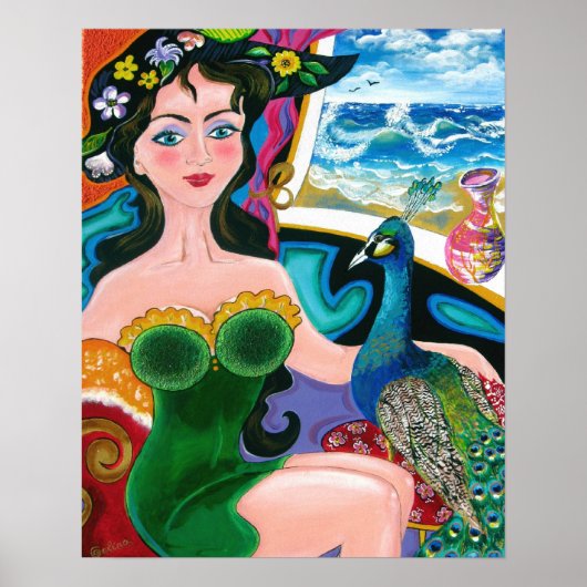 Seascape with Lady & a Peacock - Galina's art ポスター (正面)