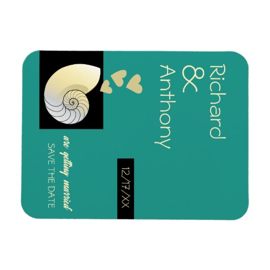 Seashellとハート、ビーチ結婚式日付の保存 マグネット (横)