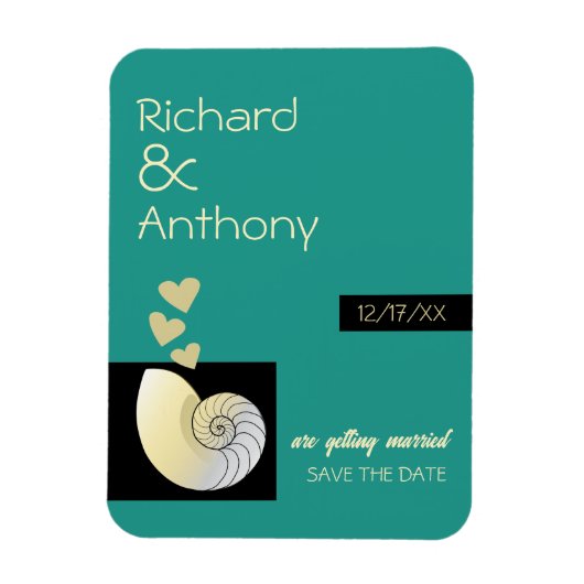 Seashellとハート、ビーチ結婚式日付の保存 マグネット (縦)