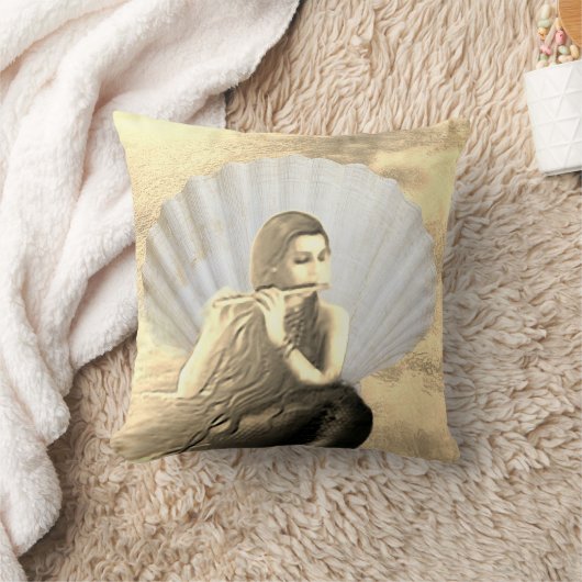 Seashell and Woman Playing Flute Throw Pillow クッション (ブランケット)