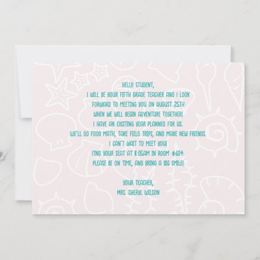 Seashell Art Welcome to Class先生メッセージカード 招待状 (裏面)