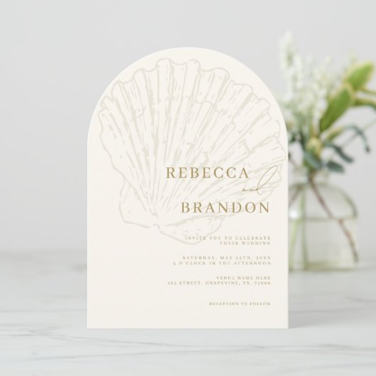 Seashell Beach Coastal Ivory & Gold Arch Wedding 招待状 (スタンド正面)