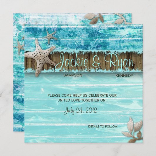 Seashell Blue Beach Wedding Invitation 招待状 (正面/裏面)