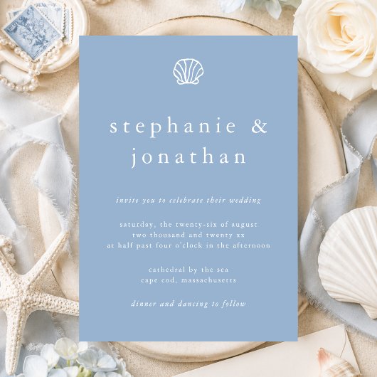 Seashell Coastal Beach Dusty Blue Minimal Wedding  招待状