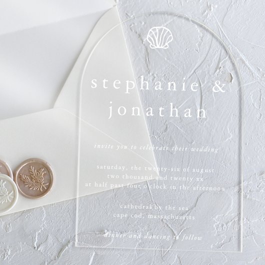 Seashell Coastal Beach White Minimal Wedding  アクリル招待状