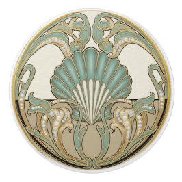 Seashell Green Cream & Gold Art Deco Nouveau Shell セラミックノブ