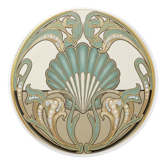 Seashell Green Cream & Gold Art Deco Nouveau Shell セラミックノブ (正面)