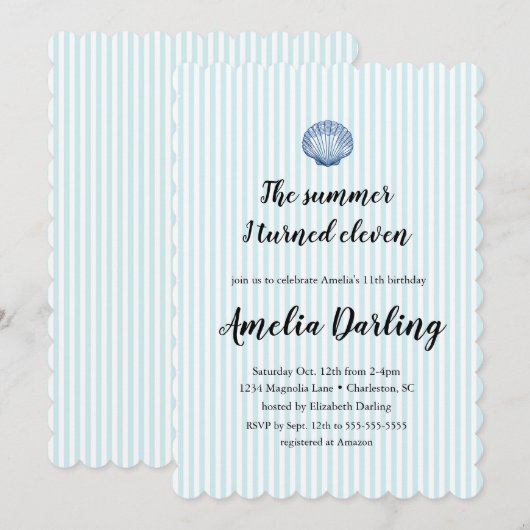 Seashell Preppy Blue Stripe Summer I turned Eleven 招待状 (正面/裏面)