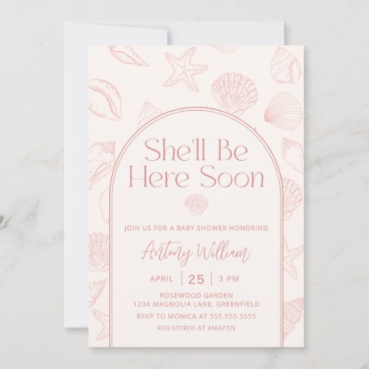 Seashell She'll Be Here Baby Shower Invitation 招待状 (正面)
