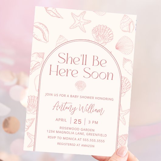 Seashell She'll Be Here Baby Shower Invitation 招待状