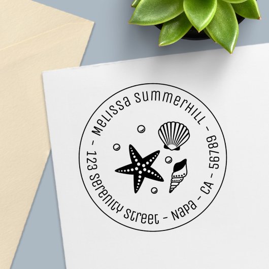 Seashell Starfish航海の Pearlsラウンドアドレス セルフインキングスタンプ