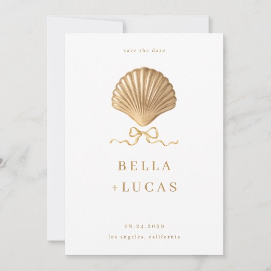 Seashell With a Bow Gold Beach Destination Wedding セーブザデート (正面)