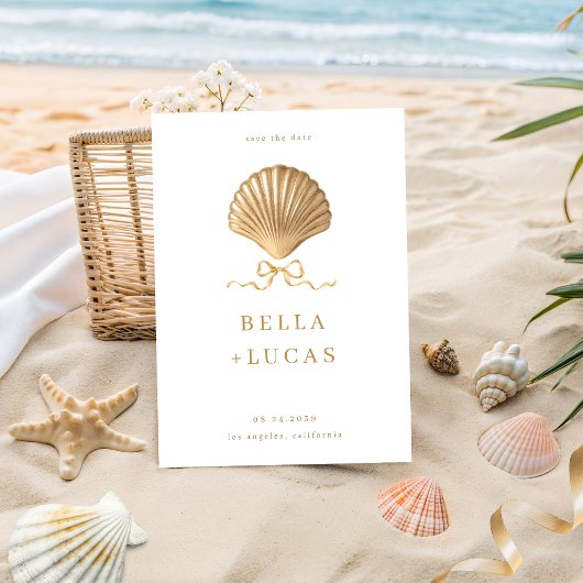 Seashell With a Bow Gold Beach Destination Wedding セーブザデート