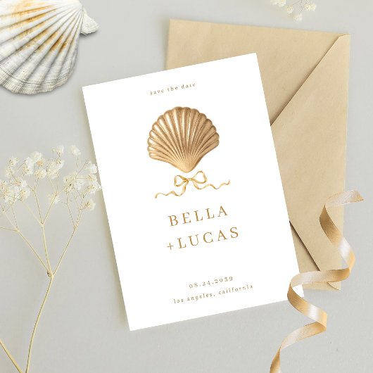 Seashell With a Bow Gold Beach Destination Wedding セーブザデート