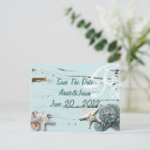 Seashellsエレガントビーチ結婚式保存日付 案内ポストカード (スタンド正面)