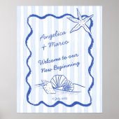 Seashellsブルー波状縁どビーチ結婚式歓迎 ポスター (正面)