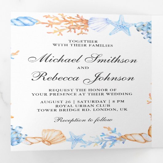 Seashells航海のフレームフォトコラージュ結婚ズ 三つ折り招待状 (内部最初)