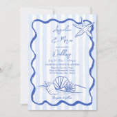 Seashells青い波状縁どビーチ結婚式(rsvp付き) 招待状 (正面)