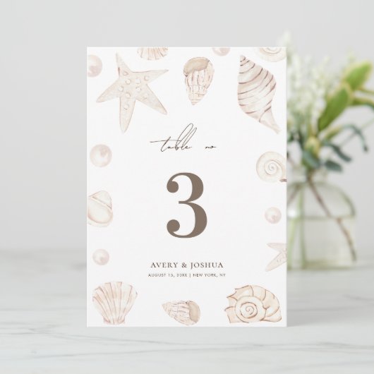 Seashells 5x7 Pearls Nautical Wedding Table Number 招待状 (スタンド正面)