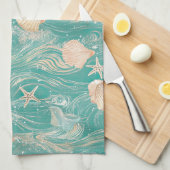 Seashells and Ocean Waves Pattern (10) キッチンタオル (四つ折り)