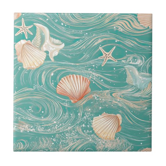 Seashells and Ocean Waves Pattern (10) タイル (正面)