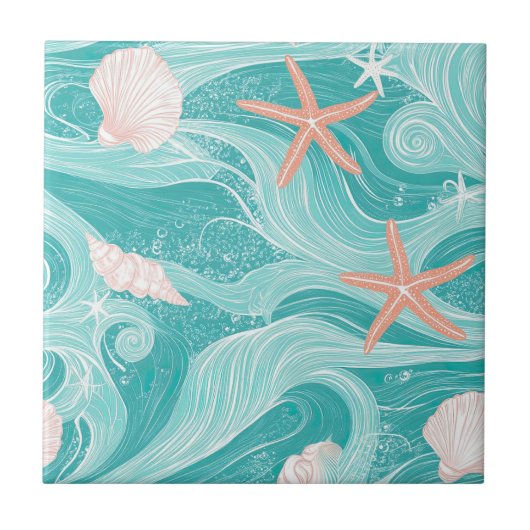 Seashells and Ocean Waves Pattern (13) タイル (正面)