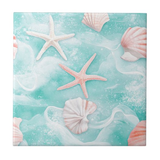 Seashells and Ocean Waves Pattern (1) タイル (正面)
