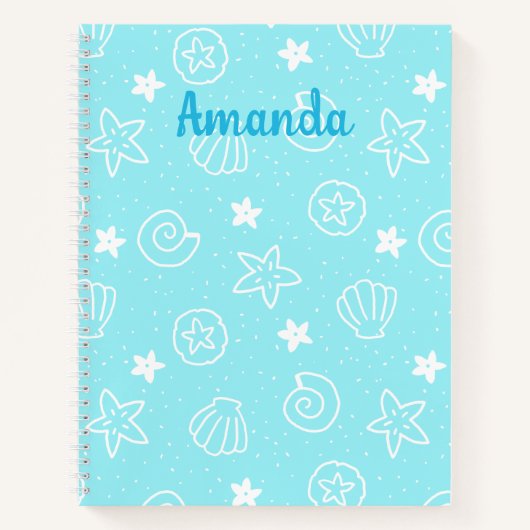 Seashells and Starfish Light Blue Pattern ノートブック (正面)
