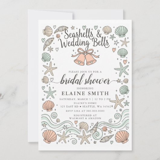 Seashells and Wedding Bells Beach Bridal Shower 招待状 (正面)