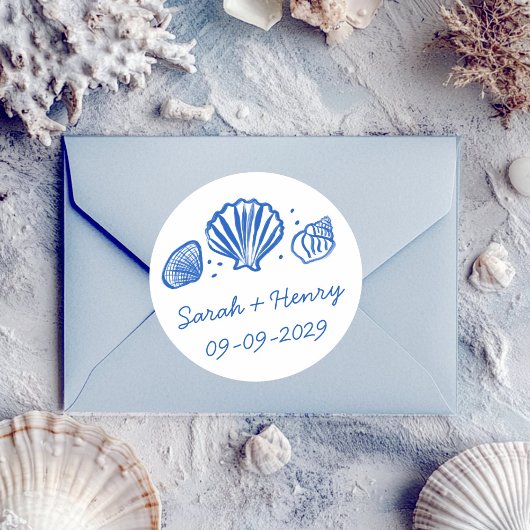 Seashells Beach Wedding Blue White CUSTOM ラウンドシール