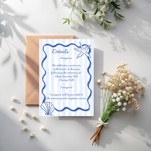 Seashells blue wavy border beach wedding details エンクロージャーカード