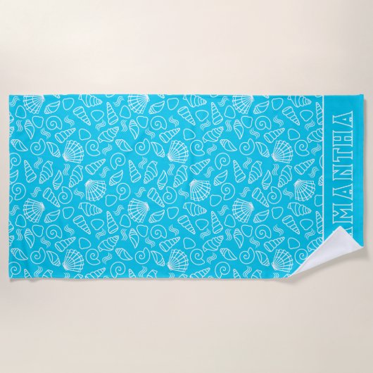 Seashells Pattern on Bright Blue Personalised ビーチタオル (正面)