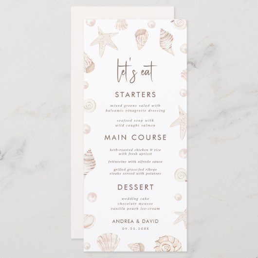 Seashells & Pearls Coastal Beach Seafront Wedding  メニュー (正面/裏面)
