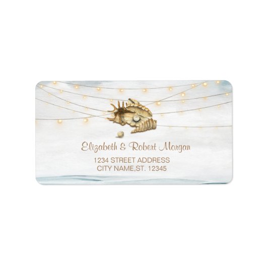 Seashells、Sea、String Lightsスクリプト結婚の ラベル (正面)