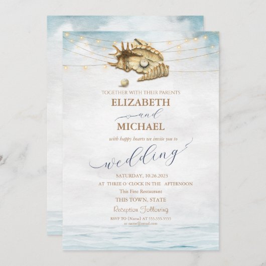 Seashells、Sea、String Lightsスクリプト結婚の 招待状 (正面/裏面)