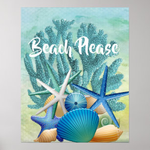 Seashells, Starfish and CoralビーチPLEASE Poster ポスター