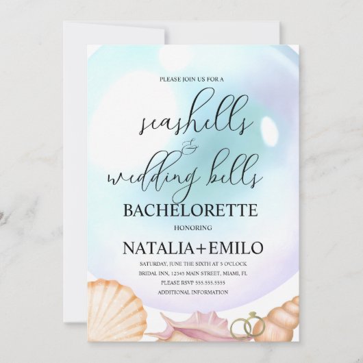 Seashells Wedding Bells Bachelorette Invitations  招待状 (正面)