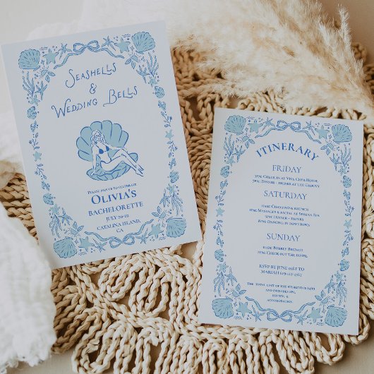 Seashells Wedding Bells Blue Bachelorette 招待状