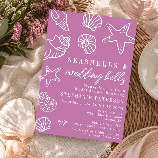 Seashells & Wedding Bells Soft Mauve Bridal Shower 招待状