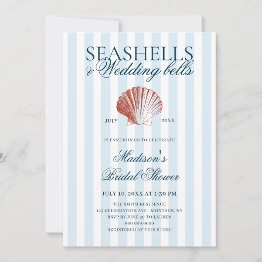 Seashells & Wedding Bells Striped Bridal Shower 招待状 (正面)