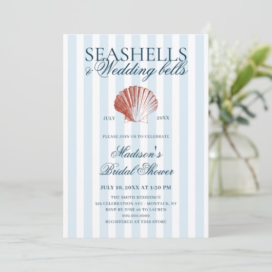 Seashells & Wedding Bells Striped Bridal Shower 招待状 (スタンド正面)