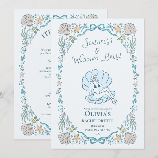 Seashells Wedding Bells Whimsical Bachelorette 招待状 (正面/裏面)