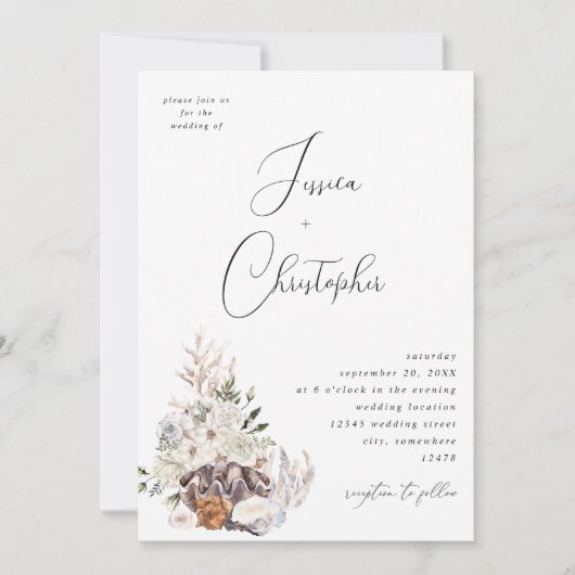 Seashells & Whiteフローラ結婚の3 招待状 (正面)