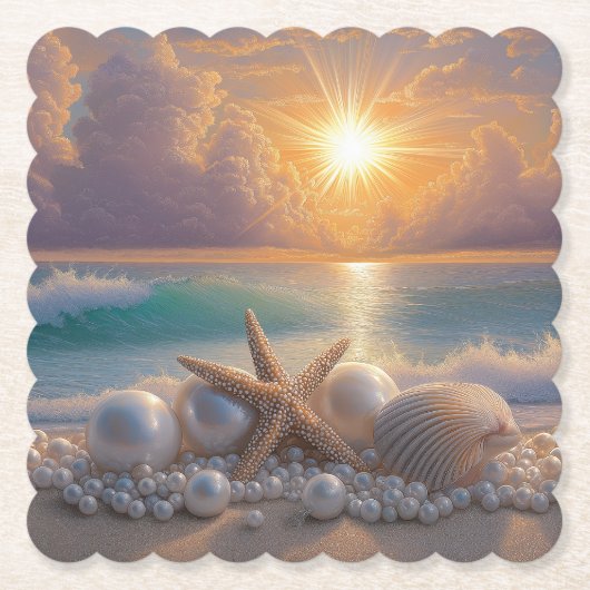 Seashore Ocean Sunset Seashells Pearls ペーパーコースター (正面)
