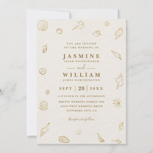 Seashore Shells Ocean Elegant QR Code Wedding 招待状 (正面)